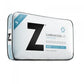 A hybrid pillow with a white top layer, blue middle layer with phase change material, and a gray base layer, designed for temperature regulation and pressure relief.