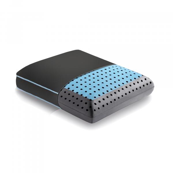 A hybrid pillow with a white top layer, blue middle layer with phase change material, and a gray base layer, designed for temperature regulation and pressure relief.