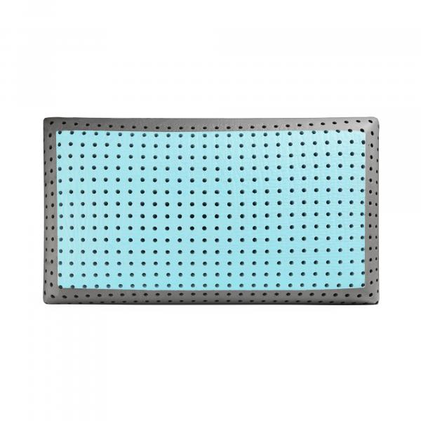 A hybrid pillow with a white top layer, blue middle layer with phase change material, and a gray base layer, designed for temperature regulation and pressure relief.