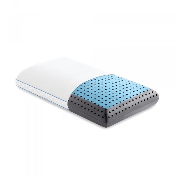 A hybrid pillow with a white top layer, blue middle layer with phase change material, and a gray base layer, designed for temperature regulation and pressure relief.