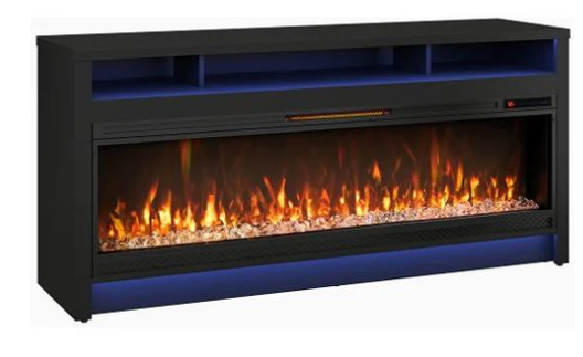 Electric fireplace with blue interior and glowing flames on a white background