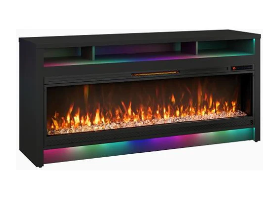 Electric fireplace with colorful LED lighting on a white background