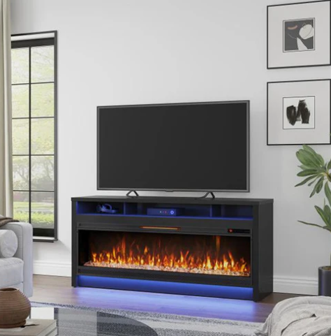 Modern living room with a TV on a black entertainment console featuring an electric fireplace.