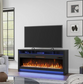 Modern living room with a TV on a black entertainment console featuring an electric fireplace.