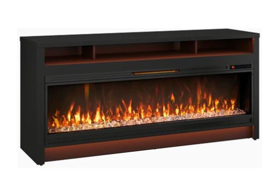 Electric fireplace with glowing flames inside a black frame on a white background