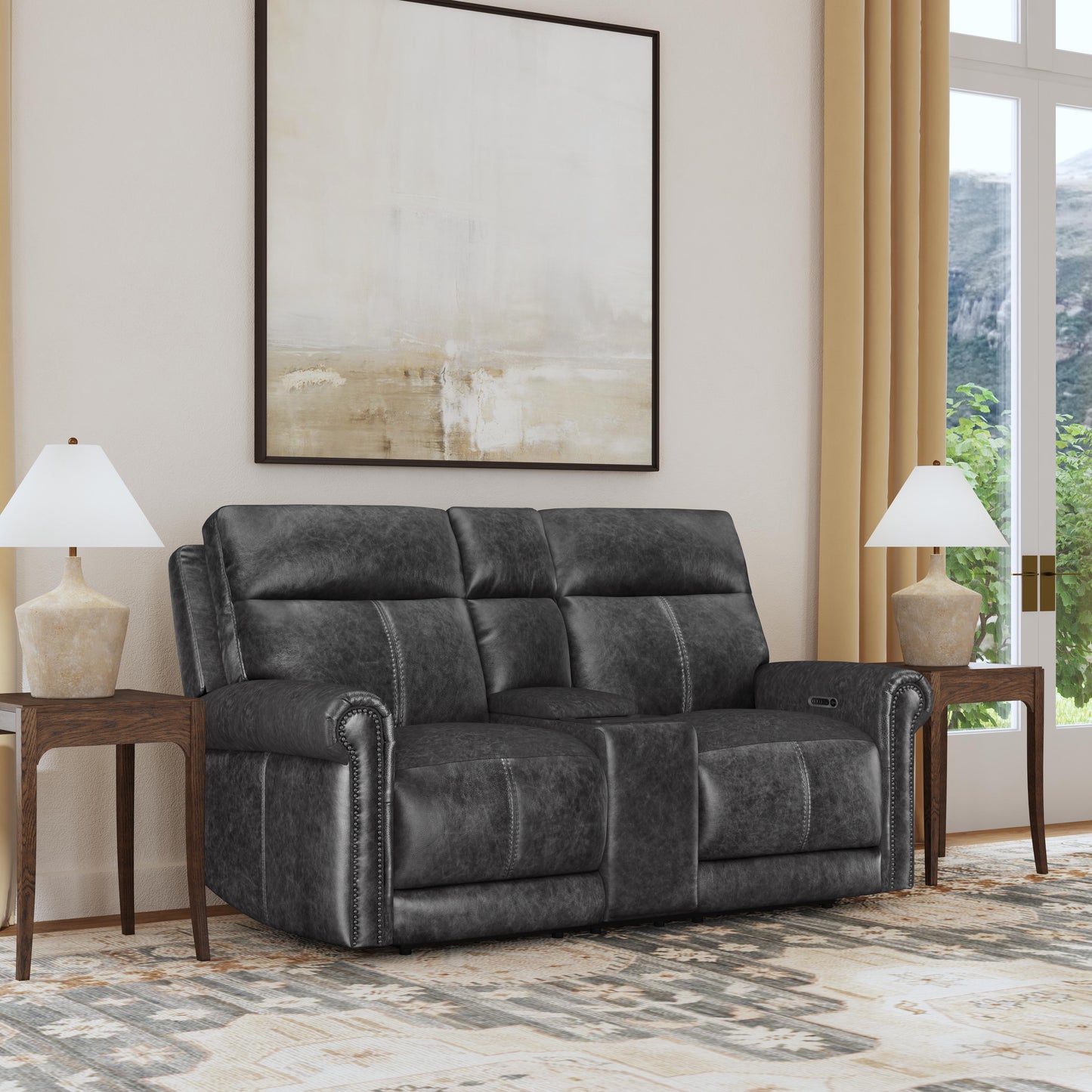Flexsteel Alexander Power Reclining Loveseat with Console, Power Headrest & Lumbar