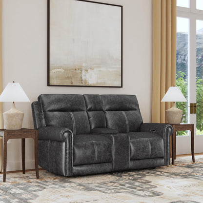 Flexsteel Alexander Leather Power Reclining Loveseat with Console, Power Headrest & Lumbar