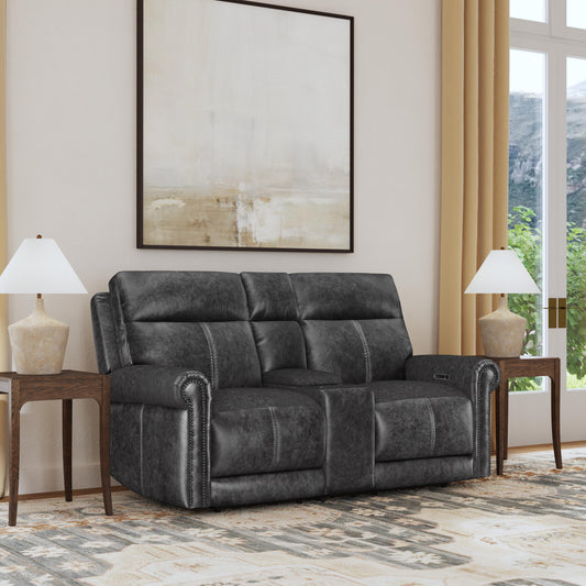Flexsteel Alexander Leather Power Reclining Loveseat with Console, Power Headrest & Lumbar