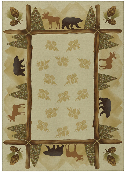 Rug with nature-themed design featuring trees, bears and moose, and plants on a beige background.