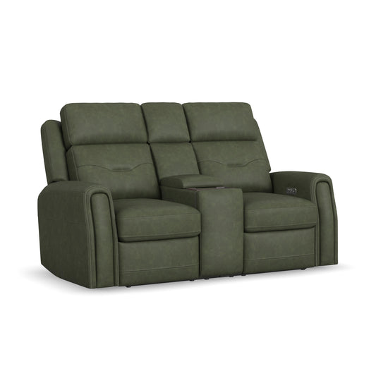 Flexsteel Felix Leather Power Reclining Loveseat with Console, Power Headrest, Lumbar, Heat & Massage