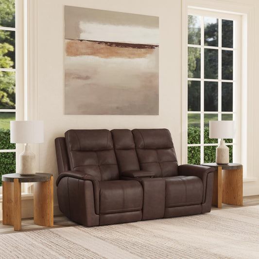 Flexsteel Ranger Leather Power Reclining Loveseat with Console, Power Headrest, Lumbar, Heat & Massage