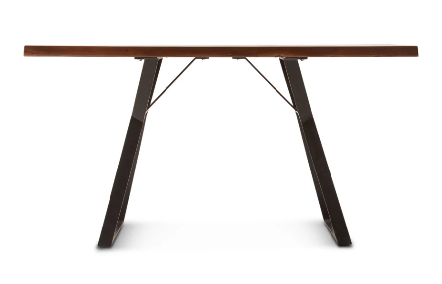 Wooden table with metal legs on a white background