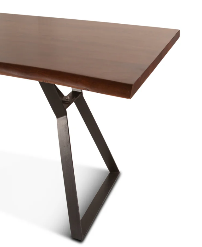 Wooden table with metal legs on a white background