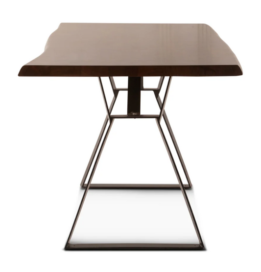 Modern table with a wooden top and metal frame on a white background