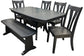 A Covina dining set with a wood finish including a rectangular dining table with two leaves, a trestle bench, and four side chairs 