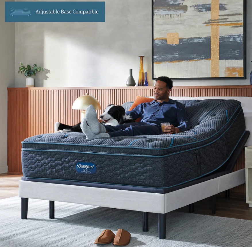 Man lying on a adjustable bed with a dog in a bedroom setting, featuring the Beautyrest brand.