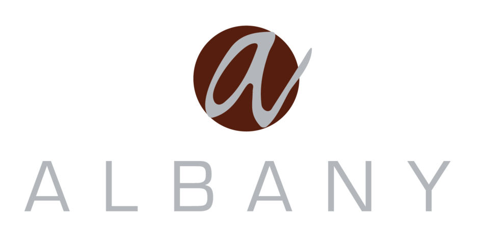 Logo with a stylized letter 'a' in brown circle and text 'ALBANY' below on a white background