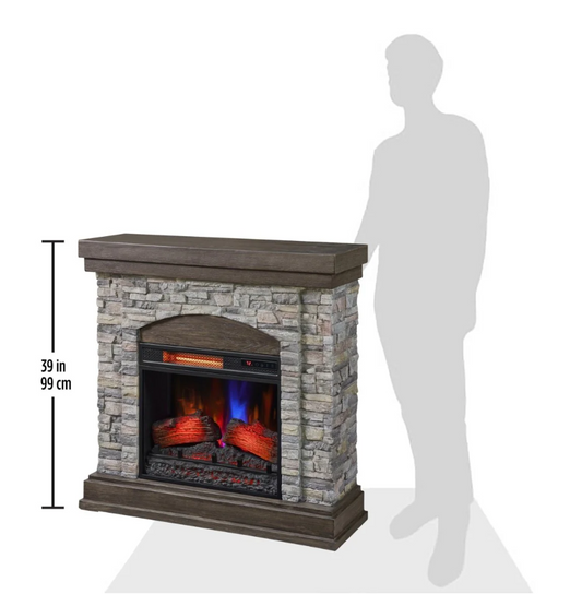 Electric fireplace with stone design and wooden mantle, shown with dimensions and a silhouette for scale.