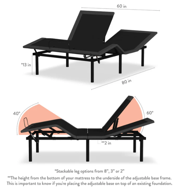 Adjustable bed base with dimensions and stackable leg options on a white background