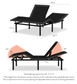 Adjustable bed base with dimensions and stackable leg options on a white background