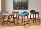 gray, yellow, teal, and dark gray stool with an abstract painting on the wall