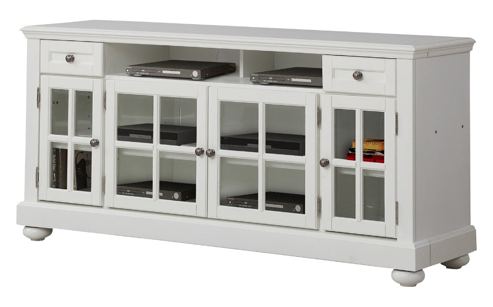 White entertainment console with glass doors on a white background