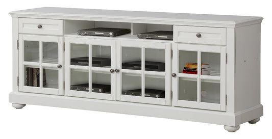 White entertainment console with glass doors and shelves on a white background