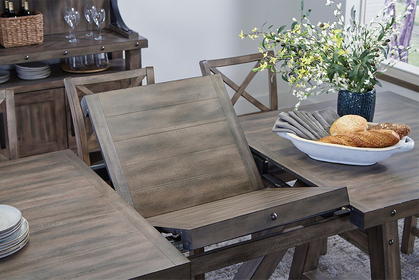 LODGE DINING DINING COUNTER HEIGHT TABLE 86 IN. X 42 IN. TO 110 IN, (24 IN BUTTERFLY LEAF)