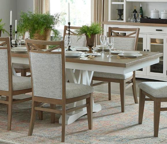 AMERICANA MODERN DINING 88-112" 2 PIECE TRESTLE TABLE WITH 24" BUTTERFLY LEAF & 8 UPHOLSTERED CHAIRS