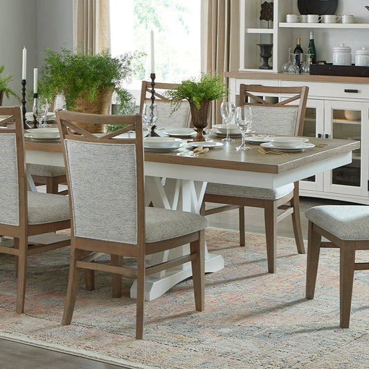 AMERICANA MODERN DINING 88-112" 2 PIECE TRESTLE TABLE WITH 24" BUTTERFLY LEAF & 8 UPHOLSTERED CHAIRS