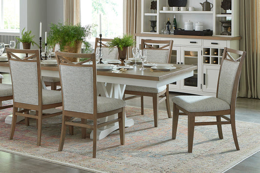 AMERICANA MODERN DINING 88-112" 2 PIECE TRESTLE TABLE WITH 24" BUTTERFLY LEAF & 8 UPHOLSTERED CHAIRS