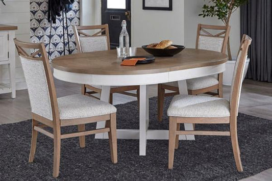 AMERICANA MODERN DINING 48-66" ROUND DINING TABLE AND 4 UPHOLSTERED CHAIRS