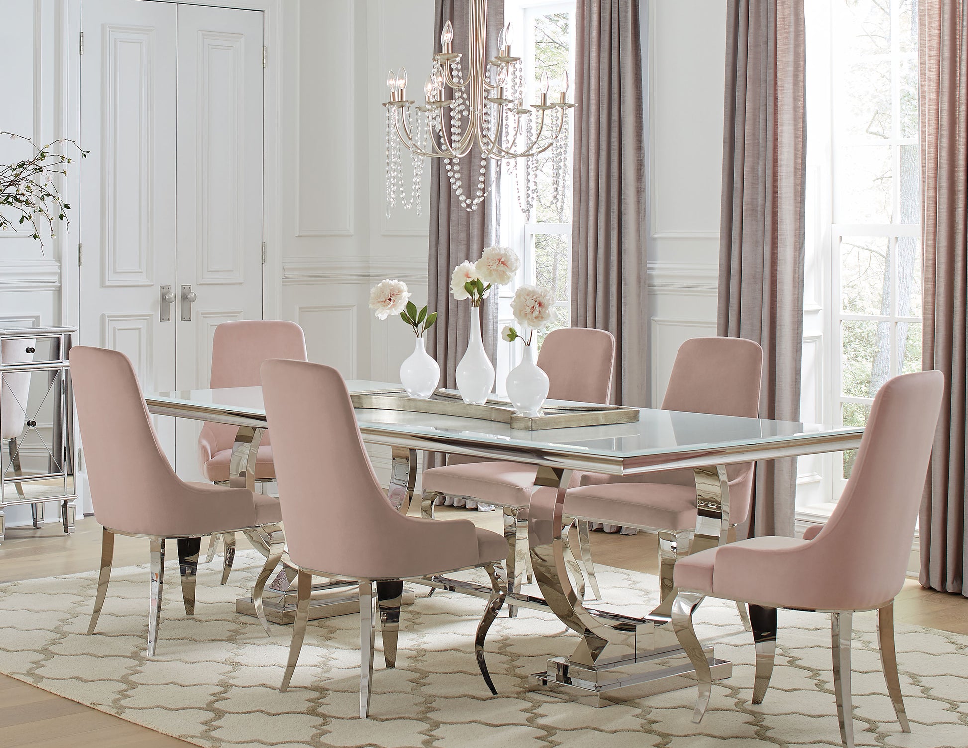 Round table and pink chairs online