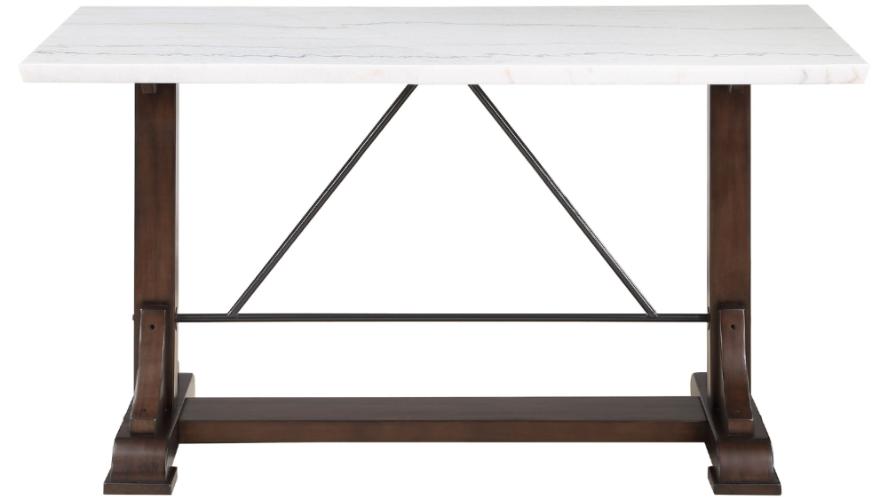 Aldrich Counter Height Trestle Base Dining Table with Genuine White Marble Top and Dark Brown