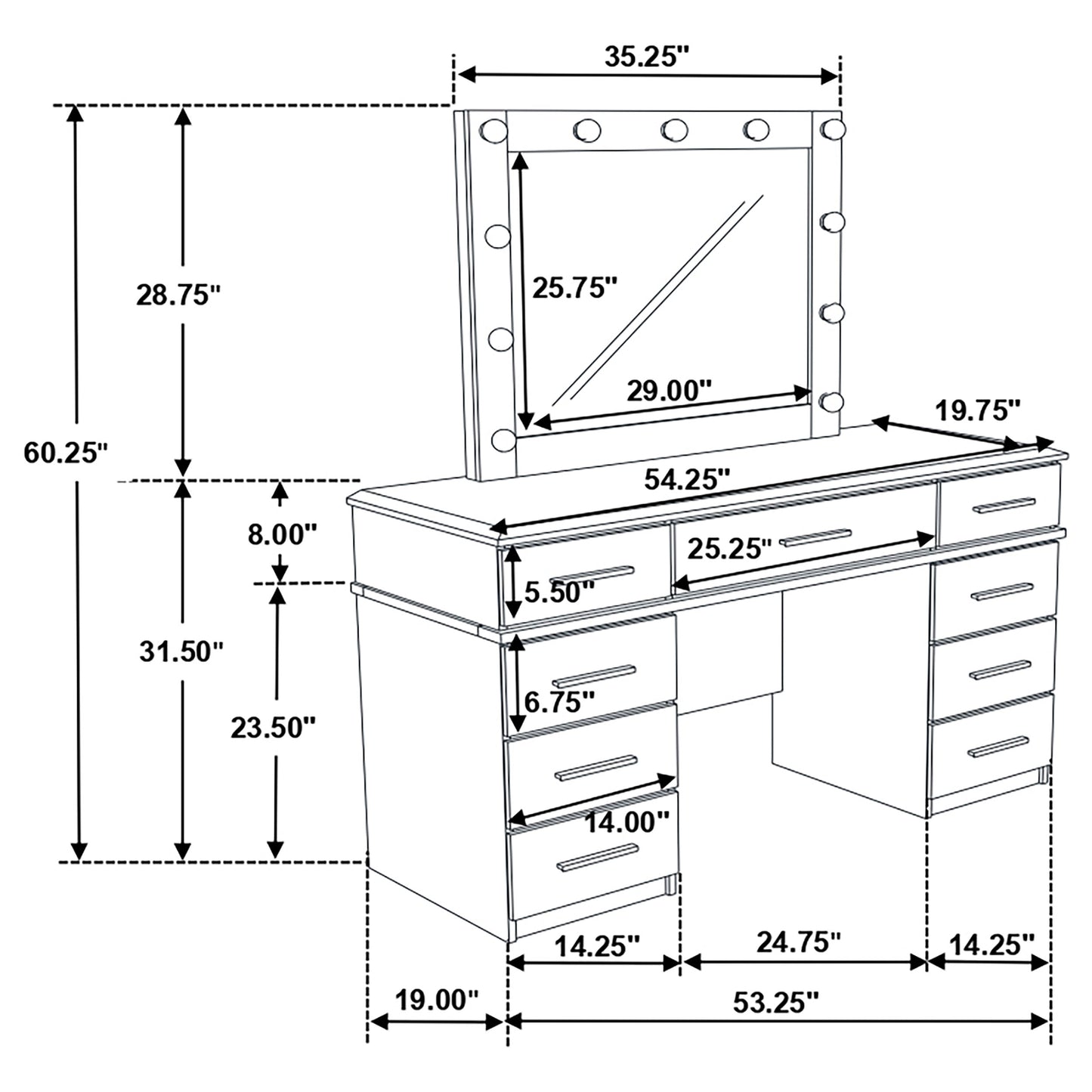 Felicity 9-drawer Vanity Table with Lighted Mirror Glossy White