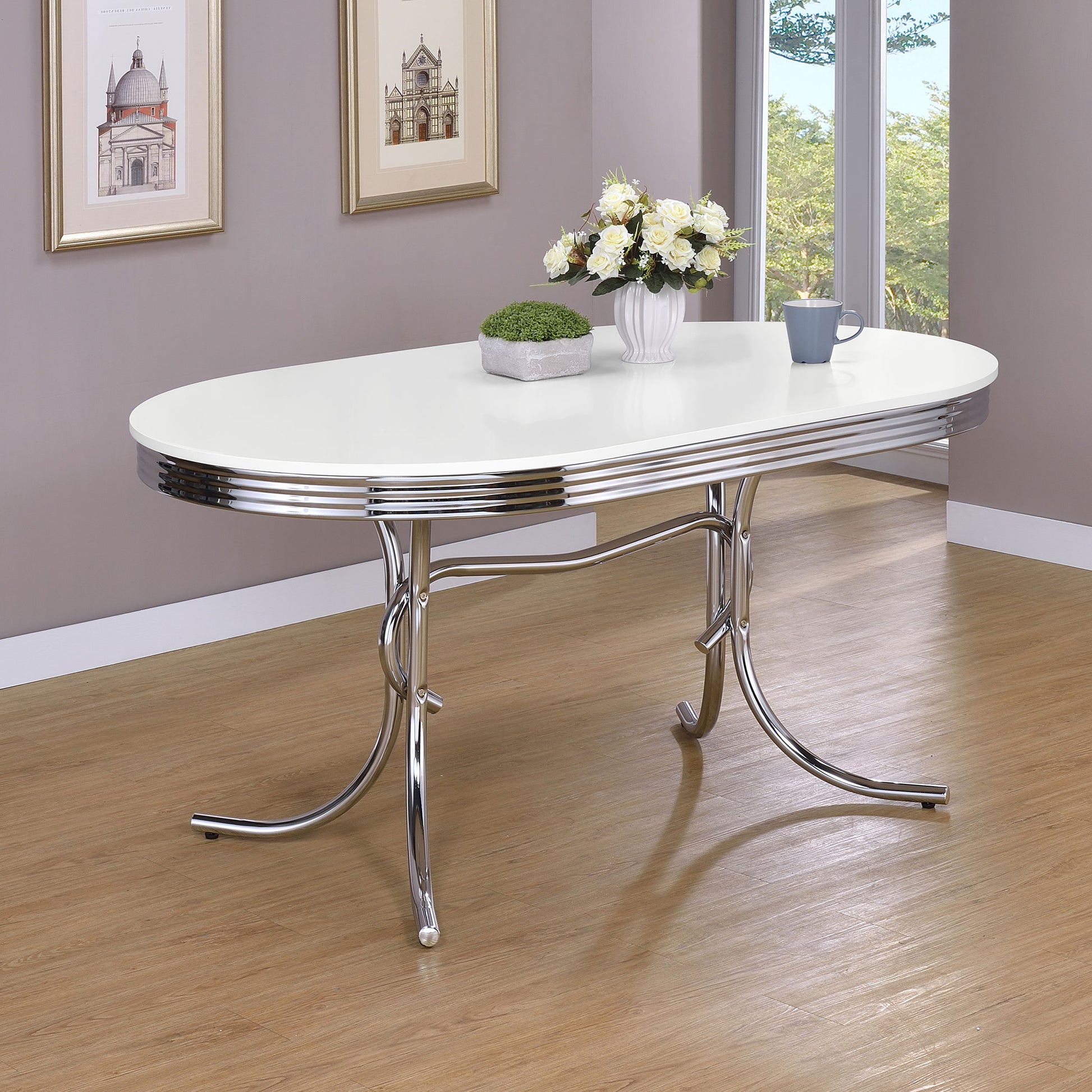 Retro Oval 60 inch Wood Top Dining Table White and Chrome Longstreet Living