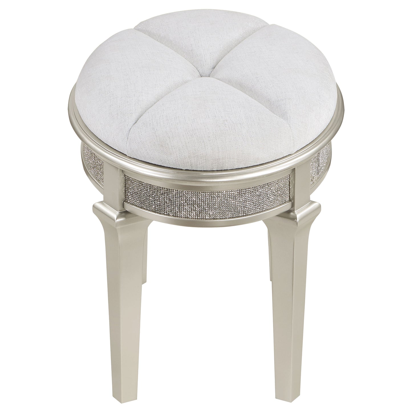 Evangeline Oval Vanity Stool with Faux Diamond Trim Silver and Ivory