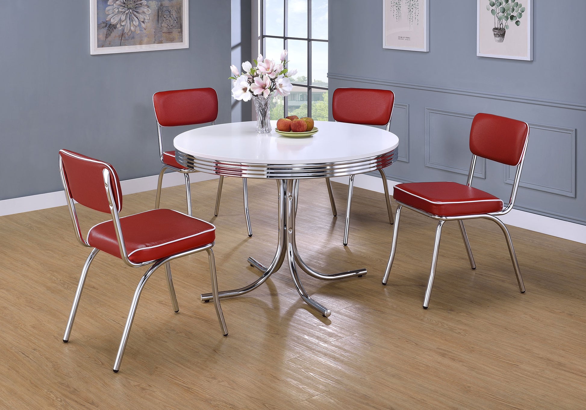Retro Round 42 inch Wood Top Dining Table White and Chrome
