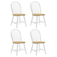 Four white chairs with wooden seats on a white background