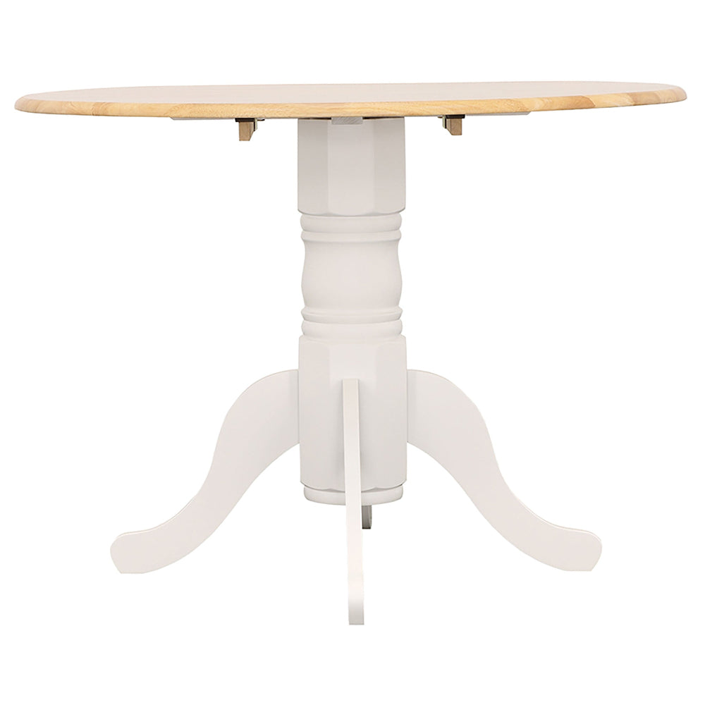 Round table with wooden top and white base on a white background