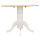 Round table with wooden top and white base on a white background