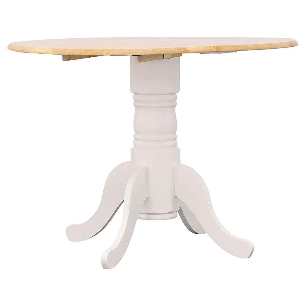 Round wooden table with white pedestal base on a white background