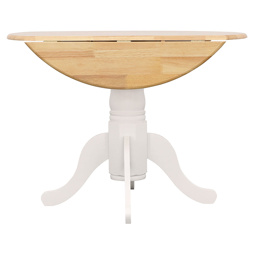 Wooden dining table with white pedestal base on a white background