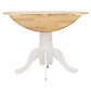 Wooden dining table with white pedestal base on a white background