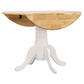 Round wooden table with a white pedestal base on a white background