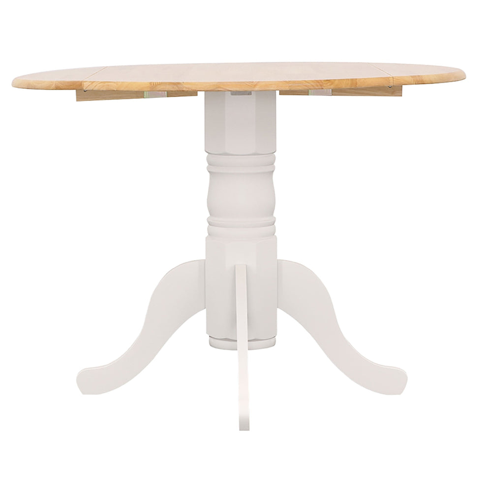 Round dining table with wooden top and white base on a white background
