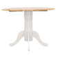 Round dining table with wooden top and white base on a white background