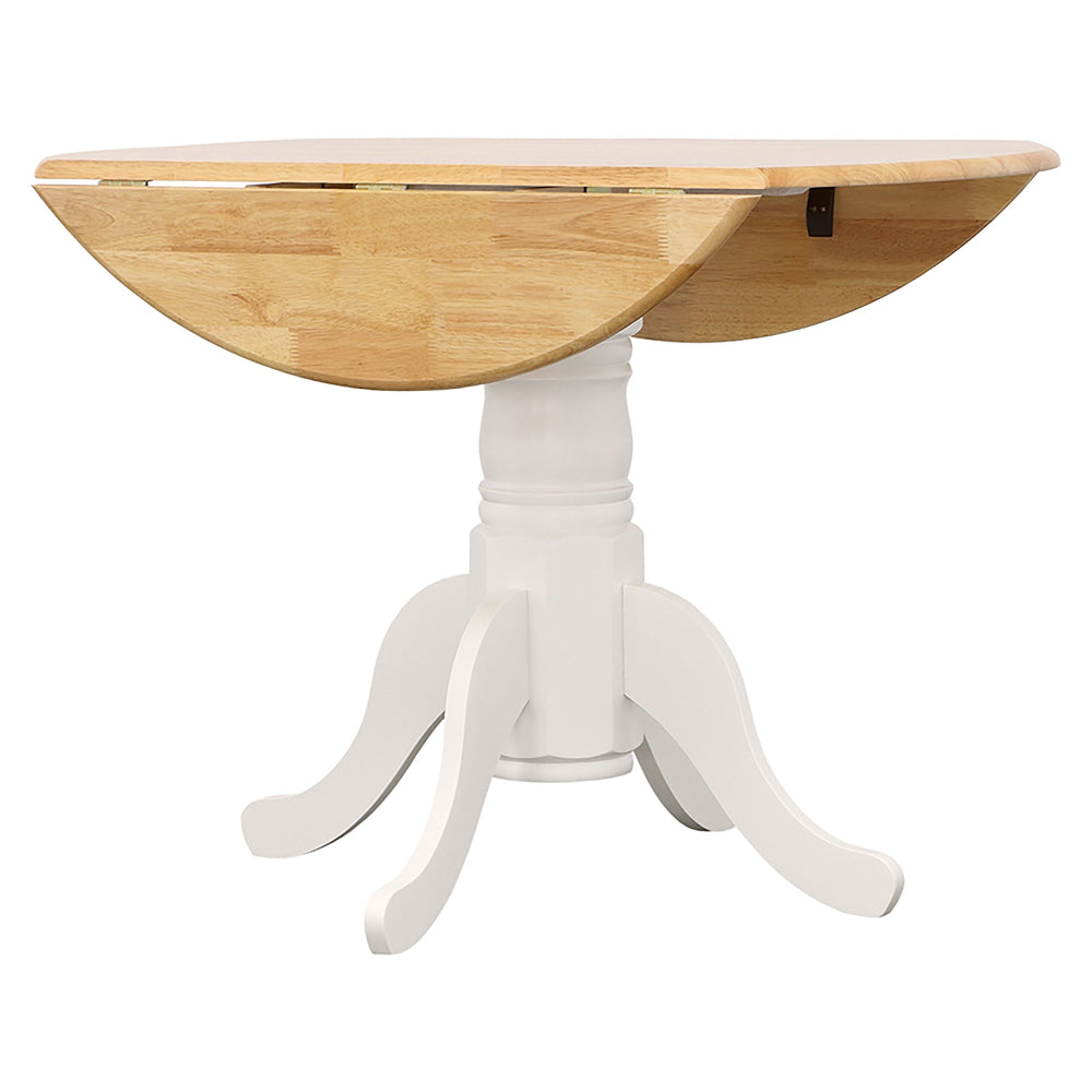 Round wooden table with a white base on a white background