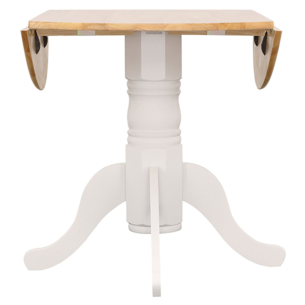 White pedestal table with wooden top on a white background