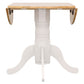 White pedestal table with wooden top on a white background